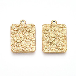 Настоящее золото 18K 304 подвески из нержавеющей стали, ионное покрытие (ip), прямоугольник с цветочными подвесками, реальный 18 k позолоченный, 18.5x13x1.5 мм, отверстие : 1 мм