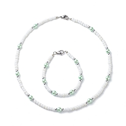Verde Claro Pulsera y collar de cuentas de perlas y semillas de plástico y vidrio, conjunto de joyas para mujer, verde claro, 7-1/2 pulgada (19 cm), 440 mm