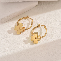 Golden 201 Stainless Steel Hollow Round with Flower Pendant Hoop Earrings for Women's Daily Countryside Accessories, Golden, 30x30mm