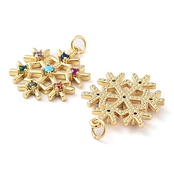 Real 18K Gold Plated Rack Plating Brass Micro Pave Colorful Grade AAA Cubic Zirconia Pendants, with Jump Ring, Long-Lasting Plated, Cadmium Free & Lead Free, Snowflake, Real 18K Gold Plated, 19x16x2.5mm, Hole: 2mm