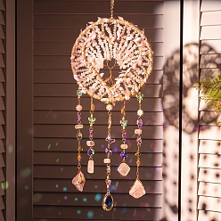 Pink Attrape-soleil suspendus en forme de cœur, éclats de pierres précieuses naturelles, avec des perles de verre, un anneau en fer, du fil de laiton et un alliage pour la décoration extérieure et de jardin, rose, 490~500mm