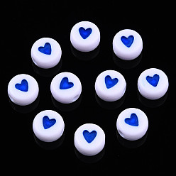 Medium Blue Opaque Acrylic Beads, with Enamel, Flat Round with Heart, Medium Blue, 7x3.5mm, Hole: 1.2mm, about 3600~3700pcs/500g