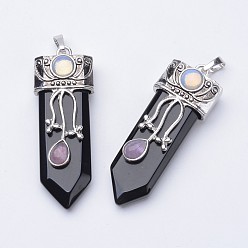 Натуральный Агат Большие заостренные подвески из натурального окрашенного и нагретого черного агата, с латунной найти, 57~61x15~20x10~14 мм, отверстие : 4x7 мм