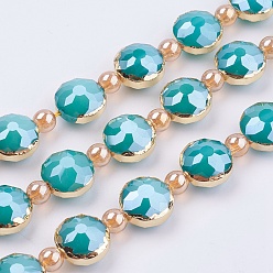 Dark Turquoise Opaque Glass Beads Strands, with Brass Findings, Pearl Luster Plated, Faceted, Flat Round, Golden, Dark Turquoise, 14x9mm, Hole: 1mm, about 10pcs/strand, 7.4 inch (19cm)