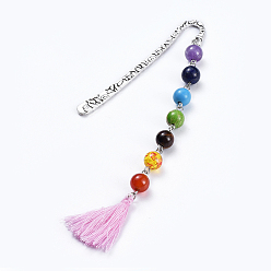 Pink Chakra-Schmuck, Legierung Bookmarks, mit natürlichen / synthetischen Edelsteinperlen, Baumwollfaden-Quasten, rosa, 146x14.5 mm