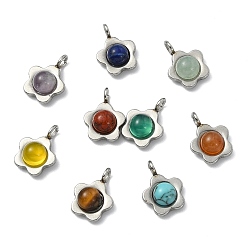 Stainless Steel Color Natural & Synthetic Mixed Stone Pendants, 304 Stainless Steel Flower Charms, Mixed Dyed and Undyed, Stainless Steel Color, 10.5x7x4mm, Hole: 2.5mm
