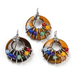 Tiger Eye Chakra Natural Tiger Eye Flat Round Pendants, 7 Chakra Charms with Rack Plating Copper Wire Wrapped, Platinum, 39x28~29x11~23mm, Hole: 5mm