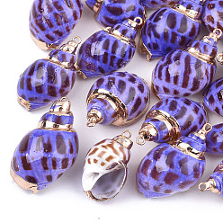 Mauve Spray Paint & Electroplate Spiral Shell Pendants, with Iron Findings, Light Gold, Mauve, 28~38x15~22x13~20mm, Hole: 2mm