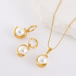 Золотой 304 комплекты из ожерелий и серег-колец из нержавеющей стали, с круглой имитацией жемчуга, золотые