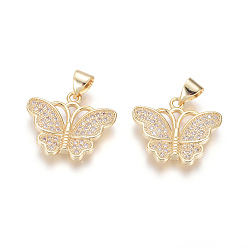Golden Brass Micro Pave Cubic Zirconia Pendants, Cadmium Free & Lead Free, Butterfly, Clear, Golden, 17x19x3mm, Hole: 5x3.5mm