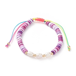 Violet Adjustable Nylon Thread Braided Bead Bracelets, with Polymer Clay Heishi Beads, Natural Pearl Beads and Brass Round Beads, Golden, Violet, Inner Diameter: 2-1/8 inch(5.5cm)