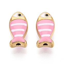 Бледно-Розовый 304 из нержавеющей стали эмаль бисер, рыба, ионное покрытие (ip), реальный 18 k позолоченный, розовый жемчуг, 13.5x7x5~5.5 мм, отверстие : 1.2~1.3 мм