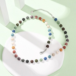 Colorful Chakra Natural Lava Rock Round Beaded Necklaces, with Lampwork Beads and 304 Stainless Steel End Chains, Stainless Steel Color, Colorful, 17.64 inch(44.8cm)