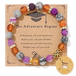 Камень Карты Браслеты из натурального камня и полосчатого агата, круглые эластичные браслеты из бисера, металлические браслеты с подвесками для ювелирных украшений для старших классов, внутренний диаметр: 2-3/8 дюйм (6 см)