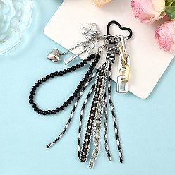 Черный Подвеска-бантик в виде сердца из полиэфирного шнура, пластиковой бусины и сплава, античное серебро, чёрные, 230 мм