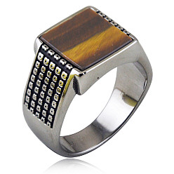 Тигровый глаз 304 Кольца из нержавеющей стали с натуральным тигровым глазом, квадратный, античное серебро, размер США 10 (19.8 мм)