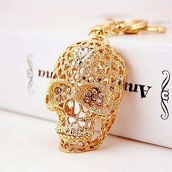 Golden Alloy Rhinestone Keychain, Skull, Golden, 11.6cm