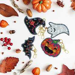 Mixed Shapes Halloween Theme DIY Diamond Painting Keychain Kit, Including Acrylic Board, Keychain Clasp, Bead Chain, Resin Rhinestones Bag, Diamond Sticky Pen, Tray Plate and Glue Clay, Mixed Shapes, 70x50mm, 4pcs/set