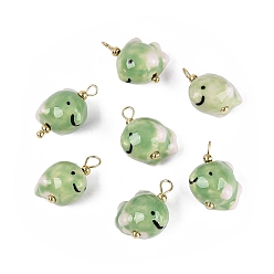 Medium Sea Green Handmade Porcelain Pendants, Fish Charms, Hand Painted, Famille Rose Porcelain, with Brass Findings, Real 18K Gold Plated, Medium Sea Green, 19~20x16~17x11.5~12mm, Hole: 2~3x3~4mm