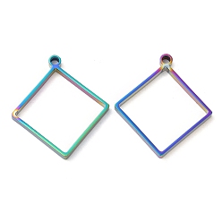 Rainbow Color 304 подвески в форме ромба с открытой задней рамкой из нержавеющей стали, для diy уф смолы, эпоксидная смола, Прессованные цветочные украшения, Радуга цветов, 32x28.5x3 мм, отверстие : 2.2 мм, внутренний диаметр: 26x26 мм