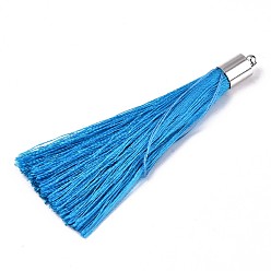 Королевский синий Волокна кисточки большие подвесные украшения, с платиновым покрытием из латуни нахождения, королевский синий, 70~73x7~25 мм, отверстие : 1.8 мм