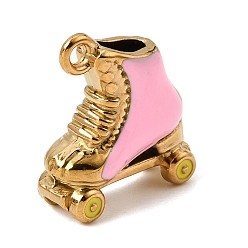 Pearl Pink 304 Stainless Steel Enamel Pendants, Roller Skates Charms, Ion Plating(IP), Real 18K Gold Plated, Pearl Pink, 19x17x7mm, Hole: 2mm