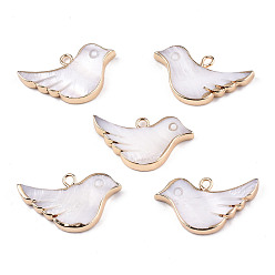 Rosy Brown Natural Freshwater Shell Pendants, with Iron Loops, Brass Edge Golden Plated, Bird, Rosy Brown, 13x22x2.5mm, Hole: 1.8mm