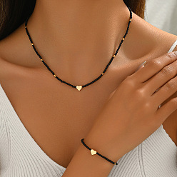 Черный Наборы ожерелий и браслетов из стеклянных и пластиковых бусин., сердце, чёрные, колье: 15.94 дюйм (40.5 см)