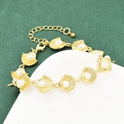 Shell Shape Браслеты из латунной цепочки для женщин, с пластмассовой жемчужиной abs, стойки покрытие, долговечный, без свинца и без кадмия, реальный 18 k позолоченный, формы раковины, 7-1/2 дюйм (18.9 см)