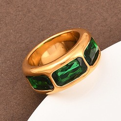 Настоящее золото 18K 304 палец кольца из нержавеющей стали, прямоугольник, отполированный вручную, со стеклом, ионное покрытие (ip), реальный 18 k позолоченный, реальный 18 k позолоченный, 9.5 мм, размер США 6 (16.5 мм)