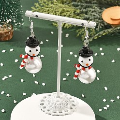 Roja Pendientes colgantes de murano hecho a mano de navidad, muñeco de nieve, con granos de acrílico de la perla imitado, cuentas de vidrio y pendientes de acero inoxidable, rojo, 304 mm