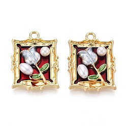 Темно-Красный Подвески из эмали и сплава, с ABS имитации жемчуга, без кадмия, без никеля и без свинца, стойки покрытие, прямоугольник с цветочной подвеской, золотые, темно-красный, 25.5x19x5 мм, отверстие : 2 мм