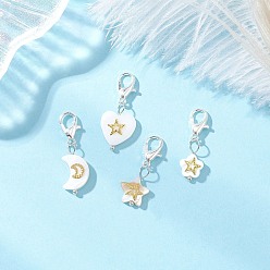 Платина 4 шт. подвесные украшения из натуральных морских ракушек, звезда, луна и сердце, с цинковым сплавом застежками омаров коготь, платина, 25.5~28 мм