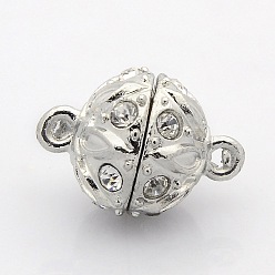 Platinum Round Alloy Magnetic Clasps with Loops, with Grade A Rhinestone, Platinum, 17.5x13mm, Hole: 2mm