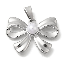 Нержавеющая Сталь Цвет Антикоррозийные 304 подвески из нержавеющей стали, с пластиковой имитационной жемчужиной, очарование бантом, цвет нержавеющей стали, 21x28x7 мм, отверстие : 7.5x3.5 мм