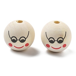 Папайя Оранжевый Печатные деревянные европейские бусины схима, круглый с рисунком улыбающегося лица, papayawhip, 28.5x27.5 мм, отверстие : 6.5 мм