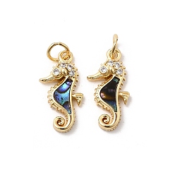 Sea Horse Латунные микро проложить кубического циркония подвески, с ракушкой пауа и эпоксидной смолой, стойки покрытие, долговечный, без свинца и без кадмия, реальный 18 k позолоченный, морской конек, 17.5x8.5x3.5 мм, отверстие : 3 мм