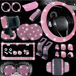 Pink Стразами блестящие автомобильные аксессуары, в комплект входят чехлы на руль, рамка номерного знака, автомобильные подставки под стаканы, крышка центральной консоли, чехлы для плечевых накладок, розовые, 68.5x5.5 мм
