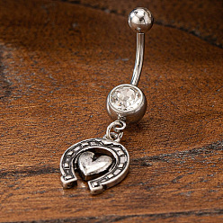 Другие Ковбойская тема 304 изогнутые кольца для живота в форме штанги из нержавеющей стали с паве из синтетической бирюзы, античное серебро, подкова с сердцем, 42x13 мм