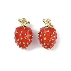 Клубника Латунь эмаль подвески, с целью перехода в кольце, фруктовое очарование, без свинца и без кадмия, долговечный, стойки покрытие, реальный 18 k позолоченный, клубника, 17x10.5 мм, отверстие : 3 мм