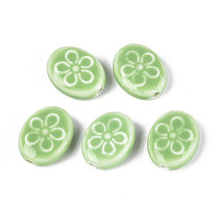 Темный Морско-зеленый Ручной фарфоровые керамические шарики, овальная с цветочным узором, яркие глазированный фарфор, темно-зеленый, 17.5x14x6 мм, отверстие : 2 мм