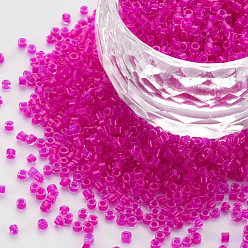 Magenta Glass Cylinder Beads, Seed Beads, Inside Colours, Round Hole, Magenta, 1.5~2x1~2mm, Hole: 0.8mm, about 8000pcs/bag, about 1pound/bag