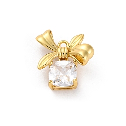 Настоящее золото 18K Стойки обшивки латунные подвески, со стеклом, долговечный, без свинца и без кадмия, бант с квадратом, реальный 18 k позолоченный, 15x15.5x5.5 мм, отверстие : 1.4 мм