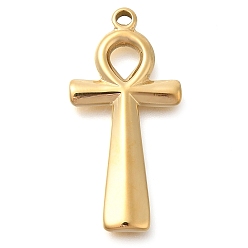 Настоящее золото 14K 304 подвески из нержавеющей стали, анкх крест очарование, реальный 14 k позолоченный, 37x18x3 мм, отверстие : 2.5 мм