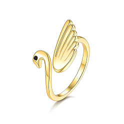 Oro Anillos abiertos tipo brazalete de latón con circonitas cúbicas engastadas, cisne, dorado, 15~20 mm