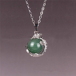 Green Aventurine Natural Green Aventurine Round Ball Pendants, Sphere Charms with Metal Dragon Wrapped, Platinum, 16mm