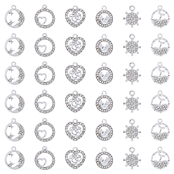 Платина 36шт 6 стиль сплава стразы подвески, плоский круглый с рыбьим хвостом и сердцем и крабом и сердцем и луной и шлемом, платина, 15~17.5x12~14.5x1.5~2.5 мм, отверстие : 1.6 мм, 6 шт / стиль