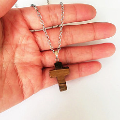 Тигровый глаз Подвеска в виде креста из синтетического тигрового глаза на цепочке, ожерелья из сплава для женщин, платина, 20.47 дюйм (52 см)