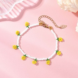 Желтый Браслеты с подвесками из стеклянного бисера в виде цветочных мотивов для женщин, с 304 из нержавеющей стали Lobster Claw застежками, желтые, 7.20 дюйм (18.3 см)