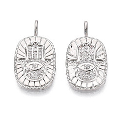 Платина Латунные микро проложить кубического циркония подвески, прямоугольник и рука хамса с талисманами от сглаза, платина, 25.5x14x4.5 мм, отверстие : 4x2.5 мм